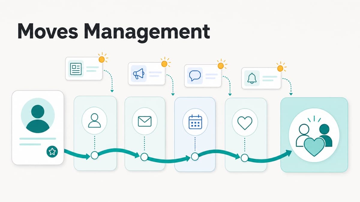 A constituent relationship progressing through a moves-management journey as timely signals prompt the next action.